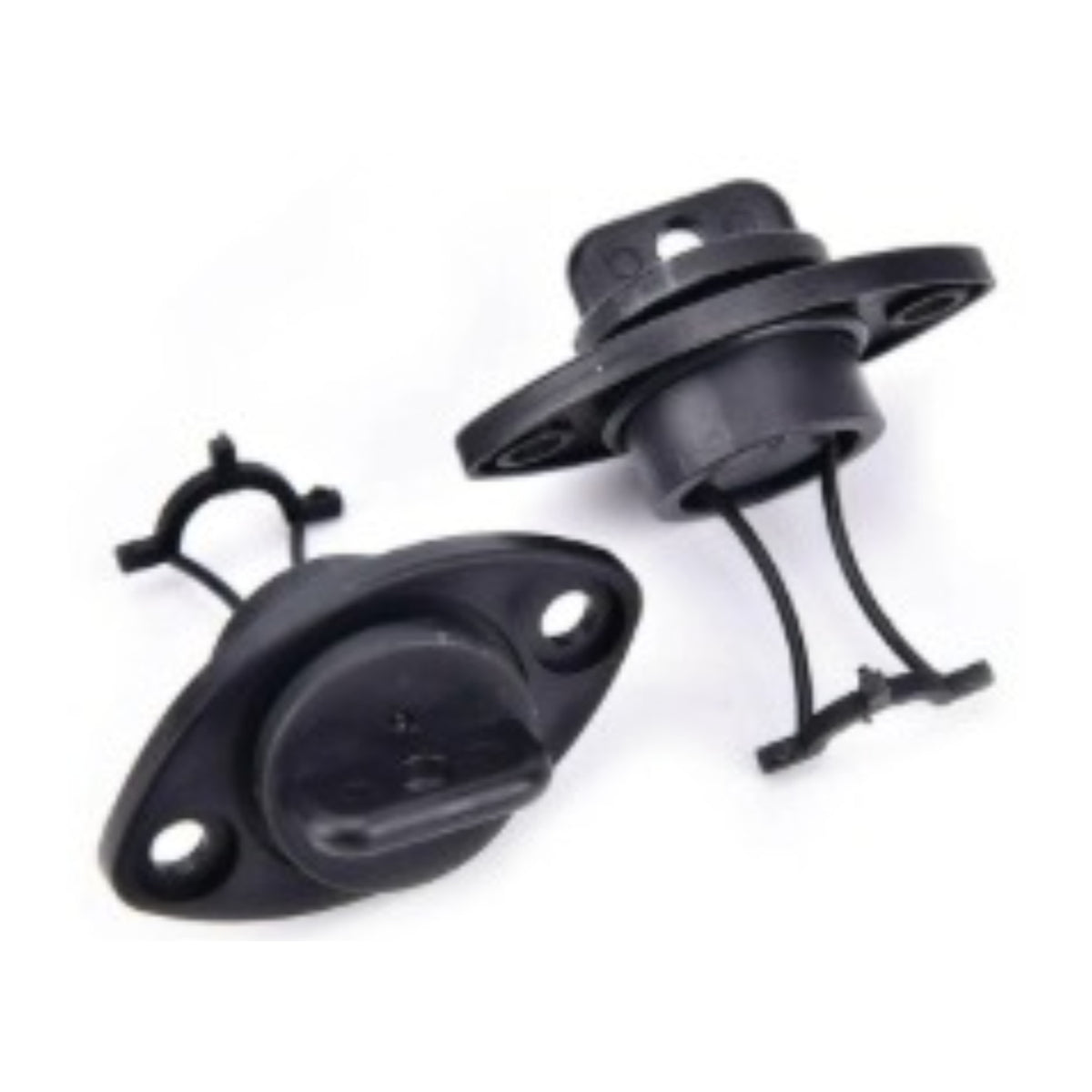 25 mm black kayak drain plug with screw-in bung, mounting flange and retaining tether