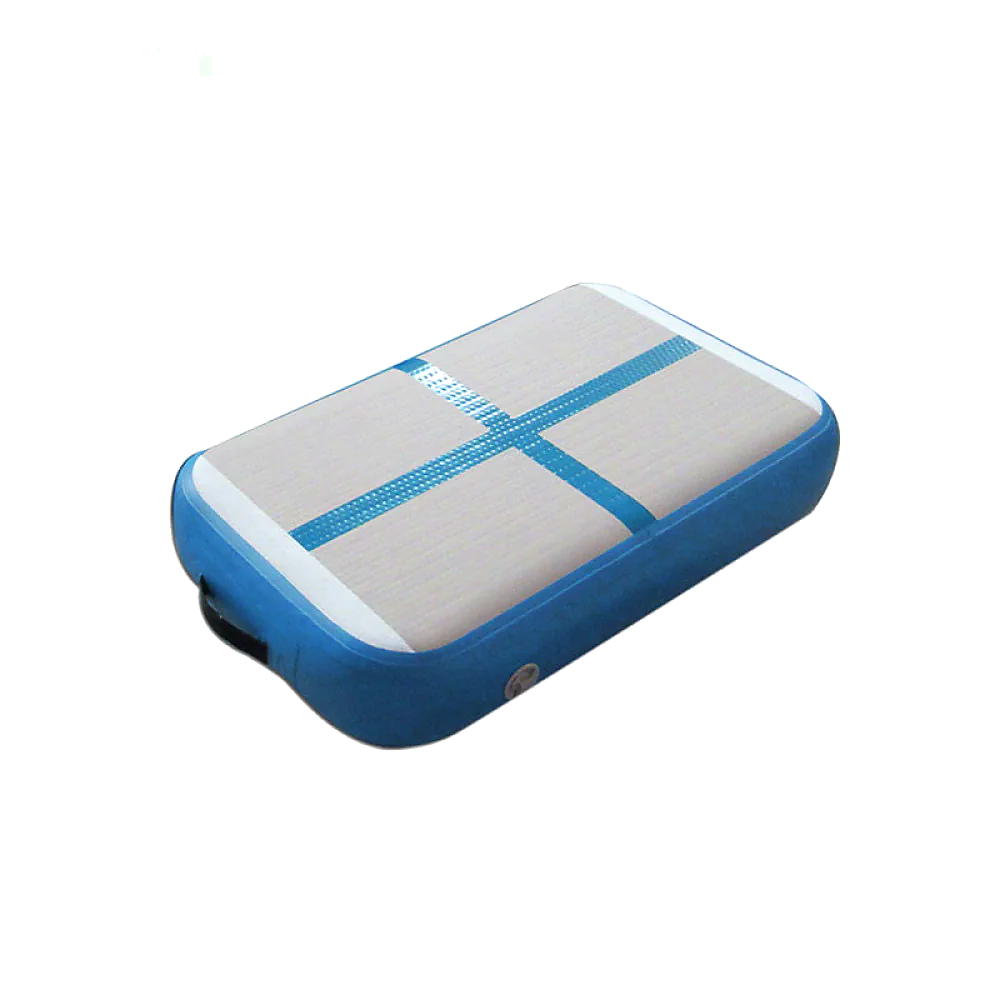 blue rectangular inflatable gymnastics air block with white top surface and cross line