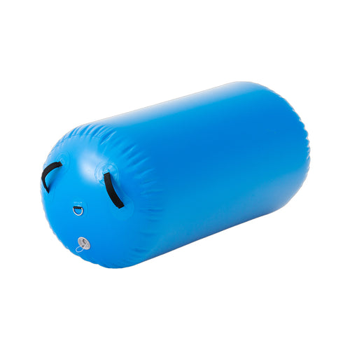 blue inflatable gymnastics air roll with handles, valve and front D ring