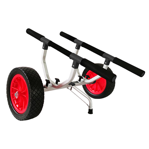 adjustable kayak trolley with 12 inch airless wheels, padded support bars and loading stand