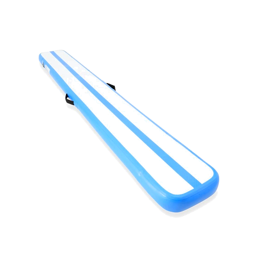 blue and white inflatable gymnastics balance beam with center training line and side handles