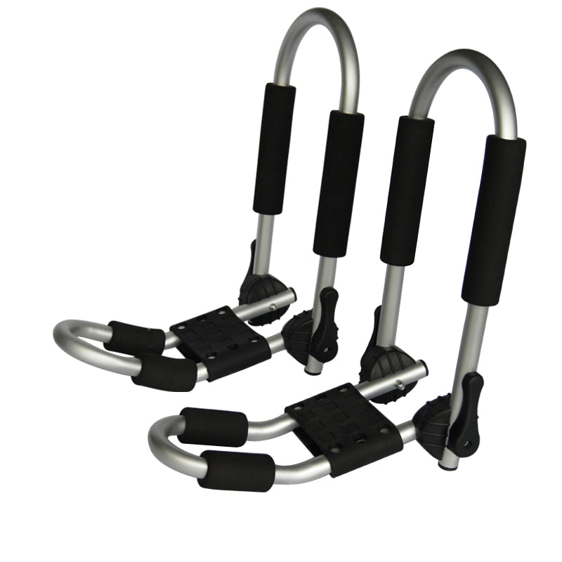 pair of aluminum J-style kayak roof racks with soft foam padded supports