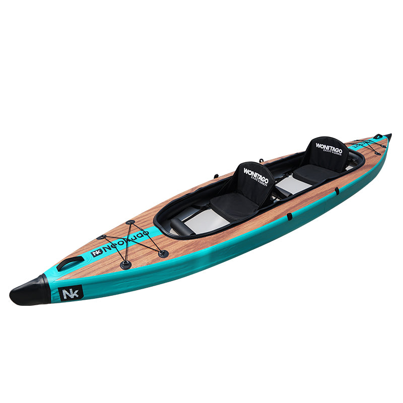 side view of a tandem inflatable kayak with full drop stitch body