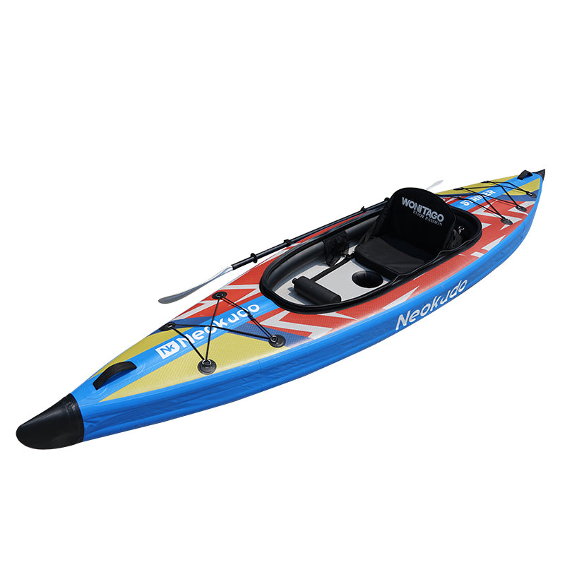 side view of a full drop stitch inflatable kayak with rigid hull shape