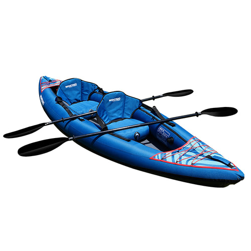 top view of a 2 person inflatable kayak with two seats