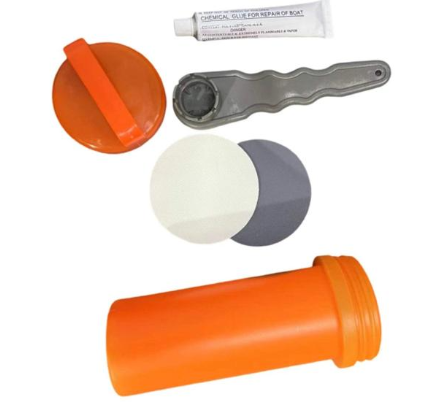 inflatable SUP repair kit with PVC glue, two repair patches, valve wrench and orange storage tube