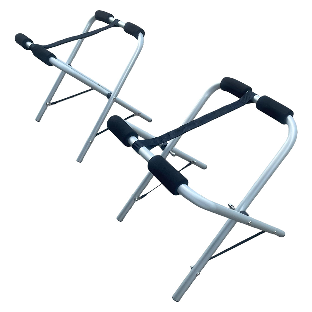 portable folding kayak stand with padded X-frame and flexible hull support webbing